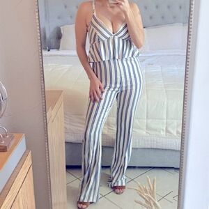 BCBGeneration Gardenia White with Blue Stripes Spaghetti Straped Jumpsuit SZ 4